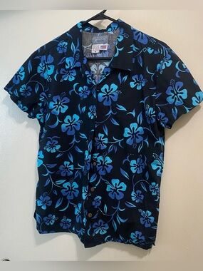 High Seas Mens Shirt M 40” Moonlight Hibiscus Button Down Tropical Black Blue